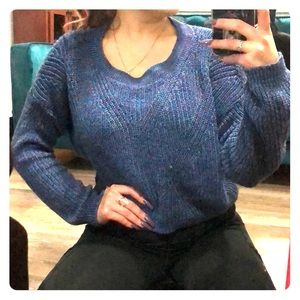 Blue multicolor knit cropped sweater with details